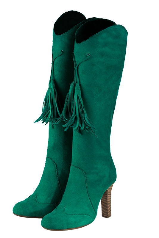 Emerald green women's cowboy boots. Round toe. Very high kitten heels. Made to measure. Front view - Florence KOOIJMAN